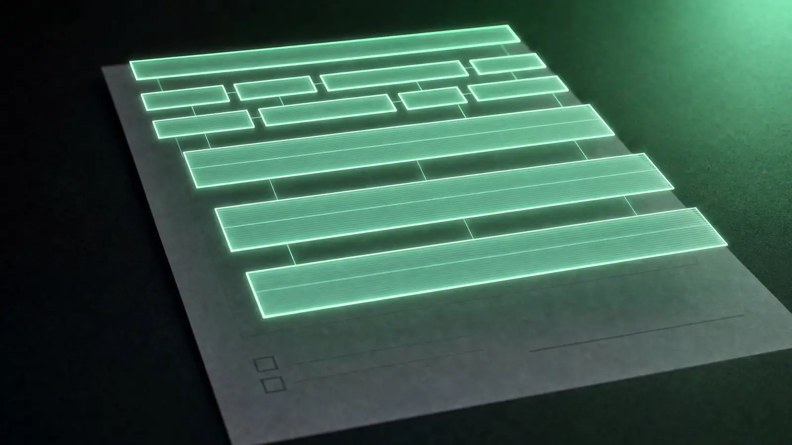 A printed intake form whose fields lift off the page into a lit grid.